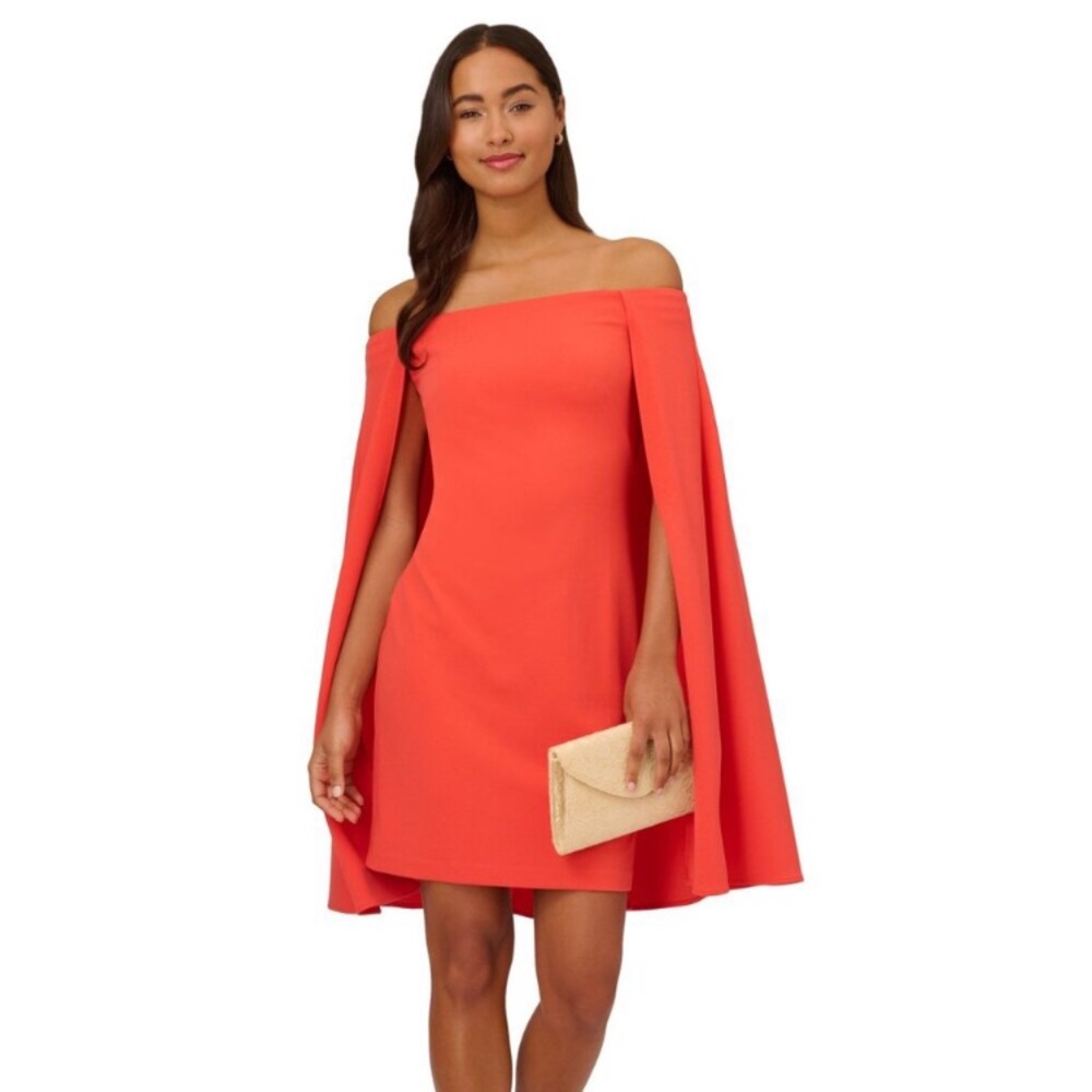 Adrianna Papell off the shoulder cape dress in calypso coral